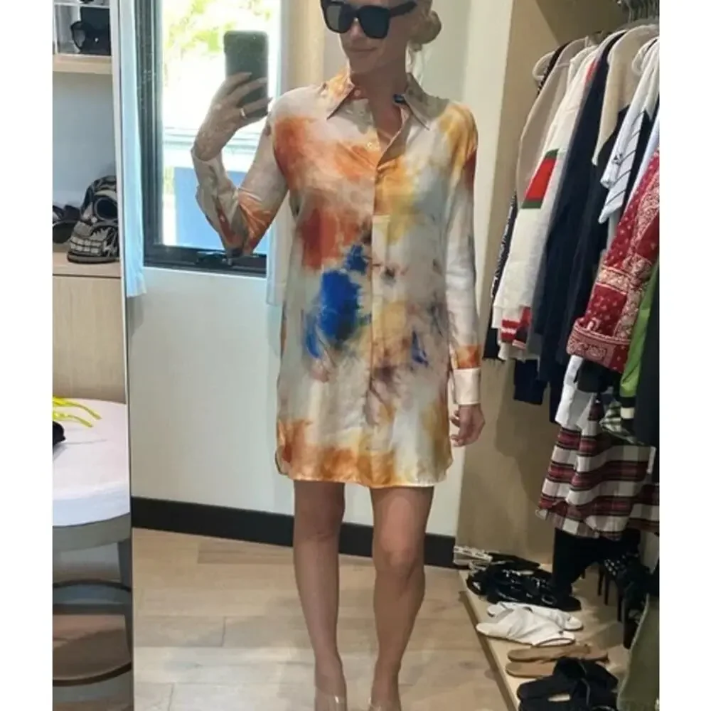 Aritzia Le Fou Wilfred Aura Silk Tie Dye Button Down Shirt Dress